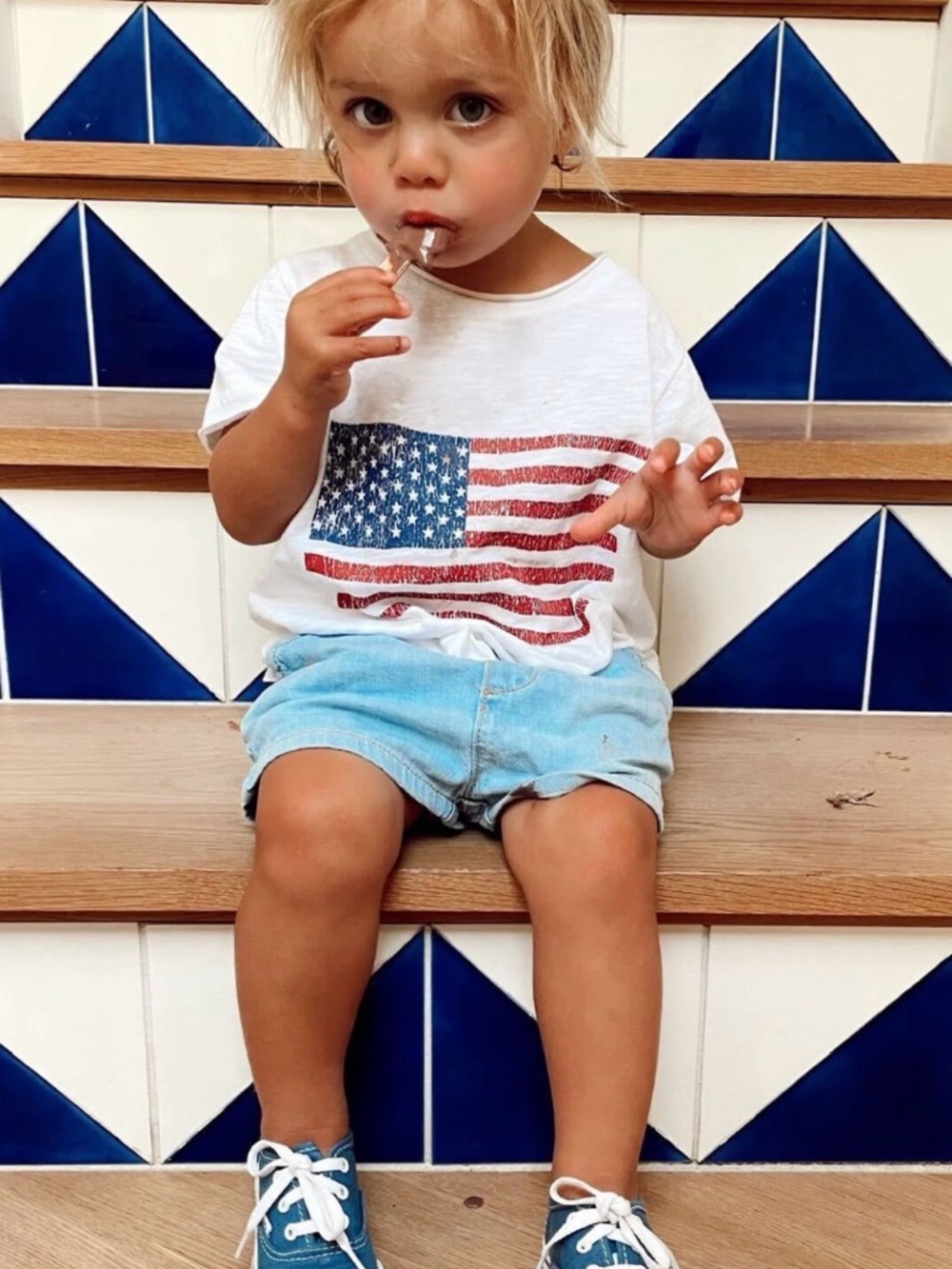 Show Me Your MuMu Cooper White Tee with Red & Blue American Flag